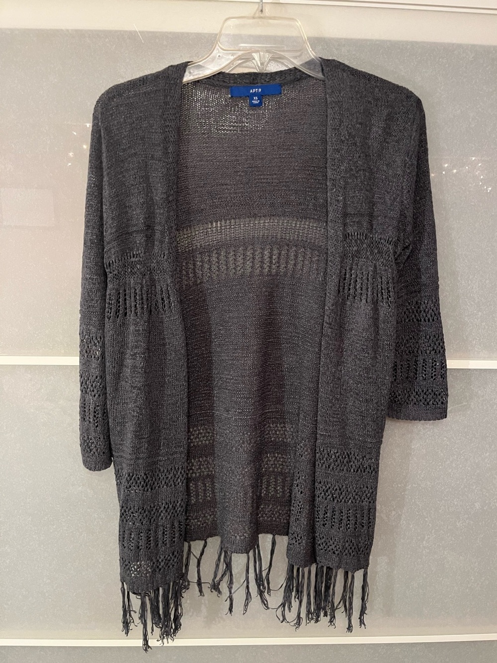 Gray Open-Front Fringe Knit Cardigan